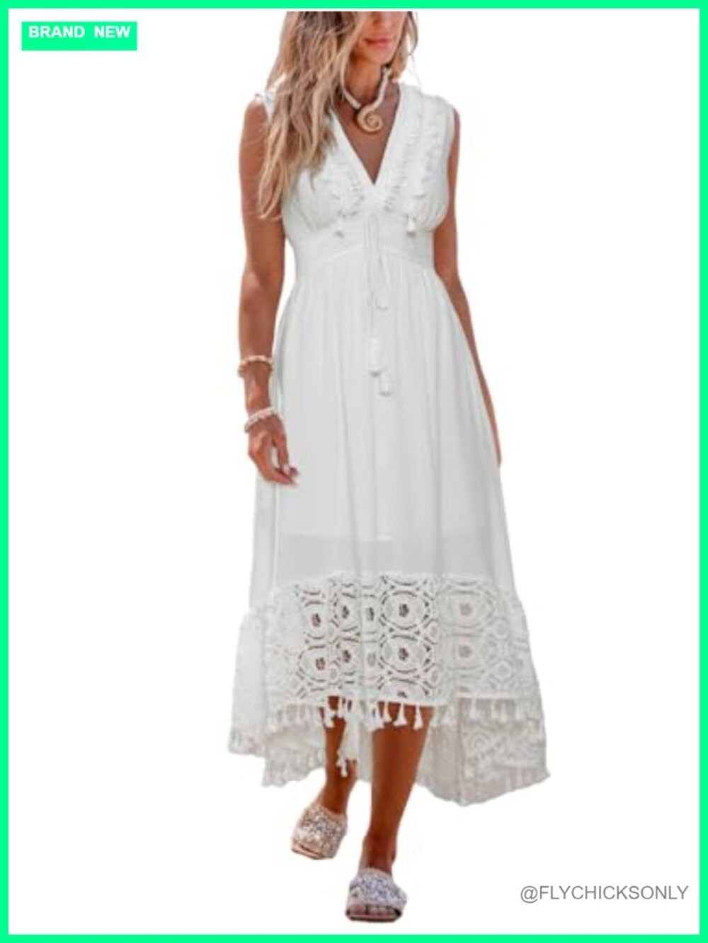 CUPSHE V Neck Sleeveless Lace Tassel Smocked Waist Maxi Dress Cover Up Beach